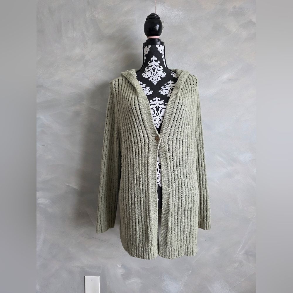 J. Jill Sage Green Chunky Crochet Knit Hoodie Cardigan Sweater Beachy Sz 2X